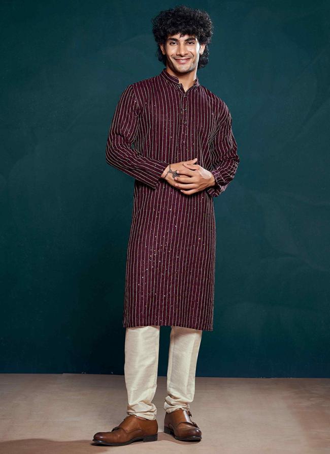 Viscose Wine Eid Wear Embroidery Work Readymade Kurta Pajama